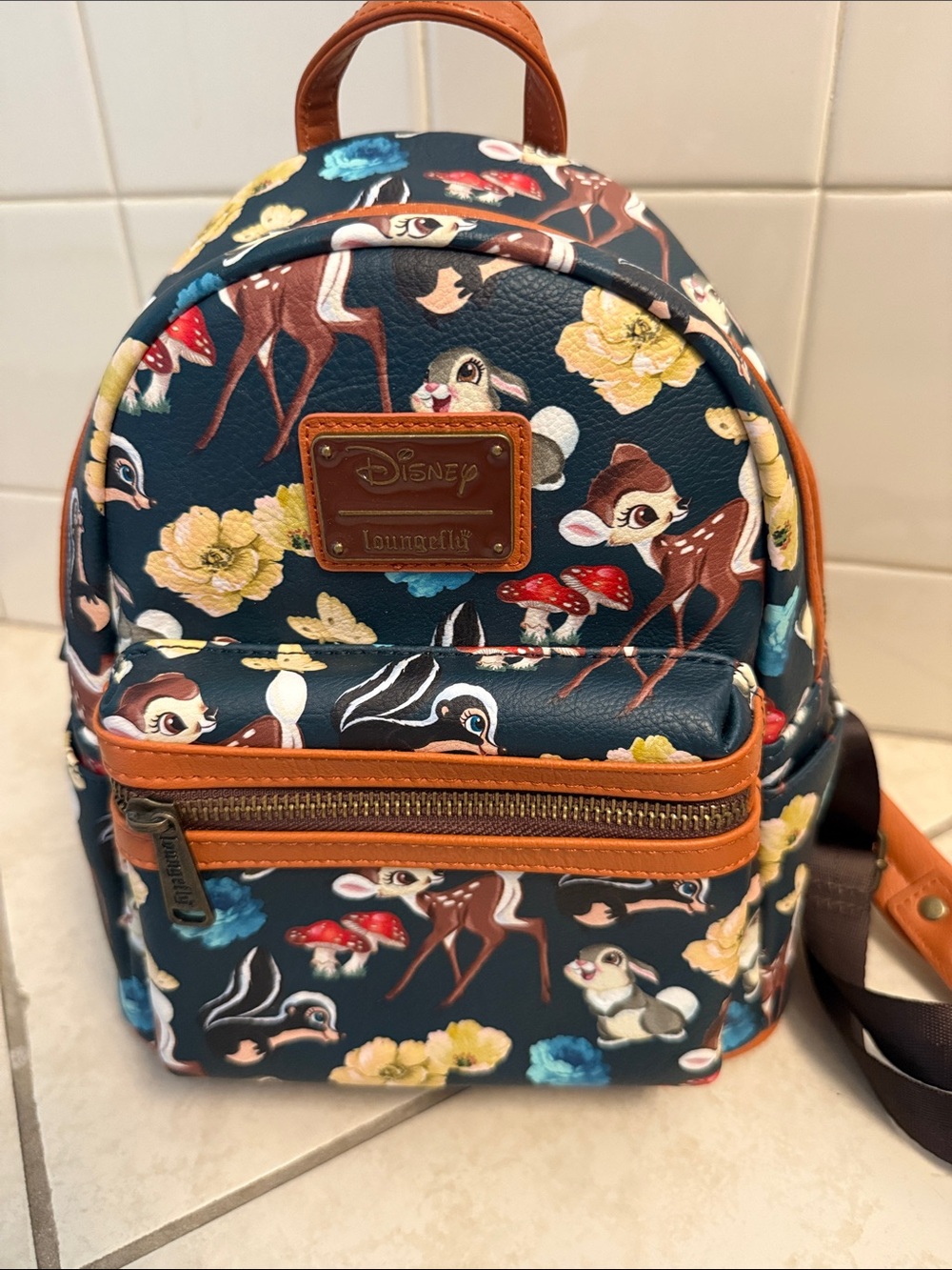Disney Loungefly Navy Bambi & Floral Mini Backpack with Brown Trim - Picture 1 of 4